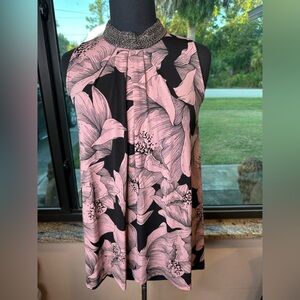 Alfani Floral Black and Pink Blouse with Embellished Neckline size XS